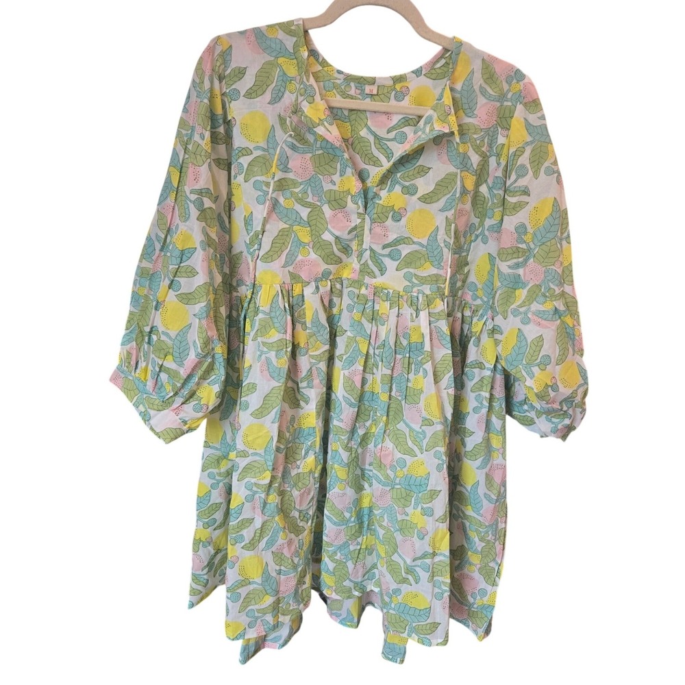 Floral Lemon Babydoll Mini Dress Short Sleeve BlockPrint Boho Flowy Cotton Large